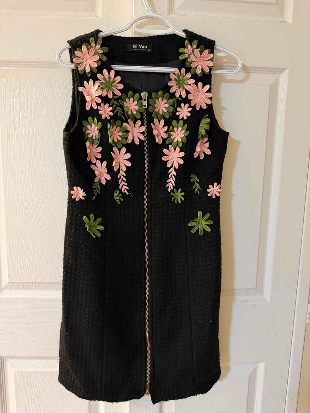 Black Sleeveless Dress with Pink & Green Floral Appliqué